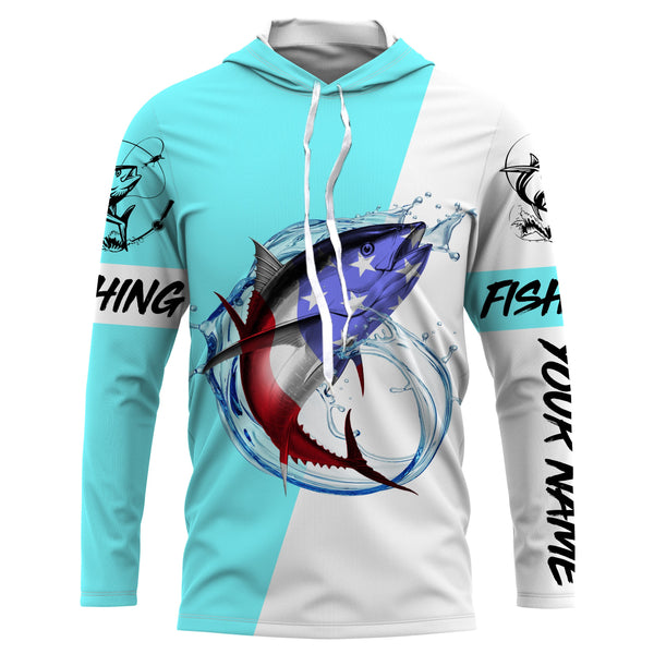 Tuna fishing American flag Custom Name long sleeve performance fishing shirt jerseys | Bright Sky Blue NQS3814