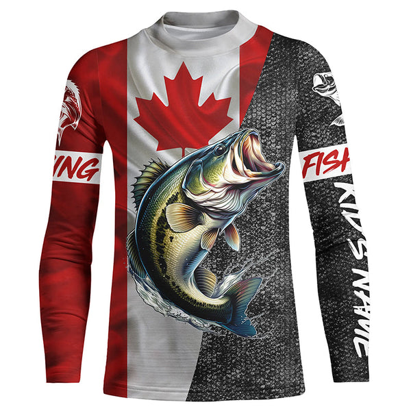 Canadian Flag Largemouth Bass Fishing Custom long sleeve performance Fishing Shirts, Bass jerseys NQS5038