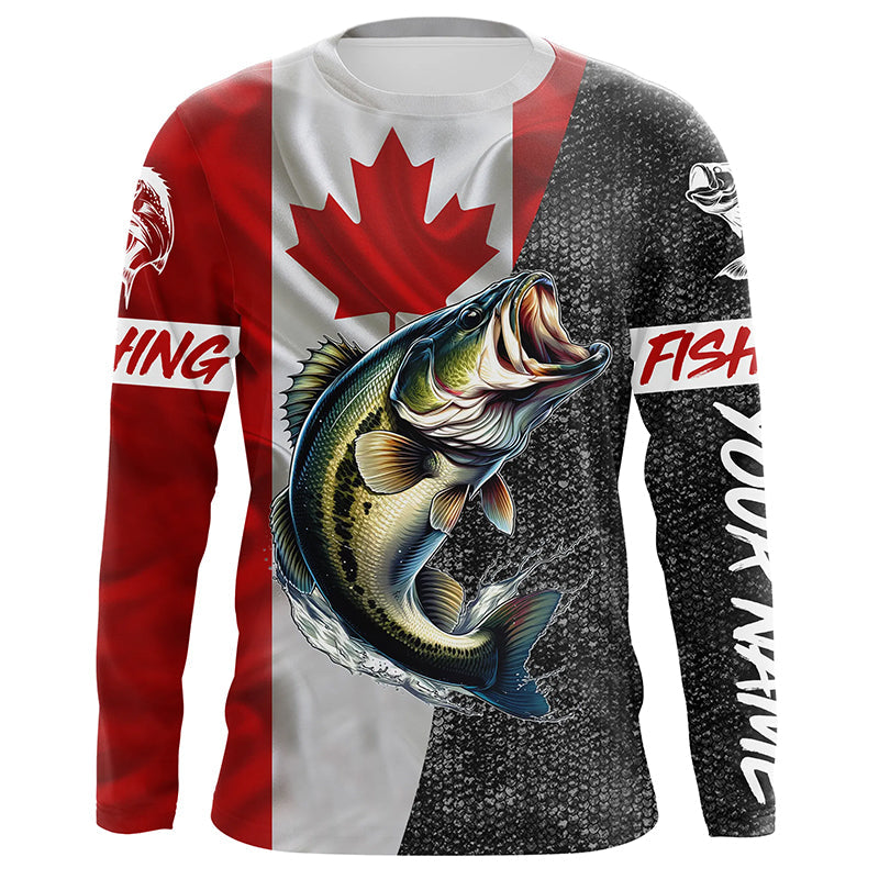 Canadian Flag Largemouth Bass Fishing Custom long sleeve performance Fishing Shirts, Bass jerseys NQS5038