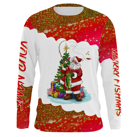 Merry fishmas Santa fishing Custom sun protection Long sleeve Fishing Shirts, Christmas Fishing Gift NQS4431