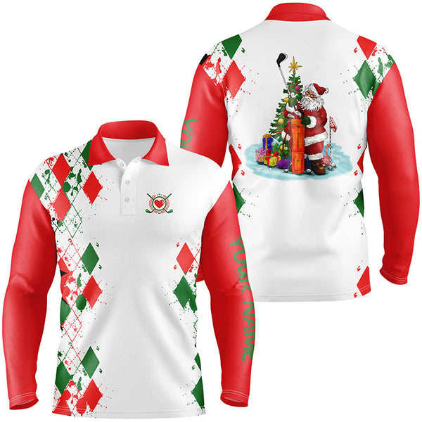 Funny Christmas Men golf polo shirts red and green argyle pattern custom Santa golfing gifts NQS4420