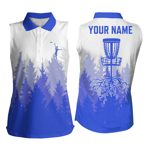 Disc golf hole in the woods Womens sleeveless polo shirt custom name disc golf shirts for women| Blue NQS4800