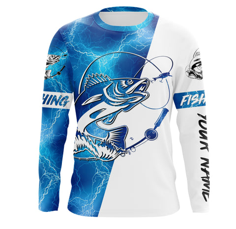 Walleye Fishing tattoo blue lightning Customized Name UV Protection UPF 30+ Fishing jerseys performance apparel NQS2427