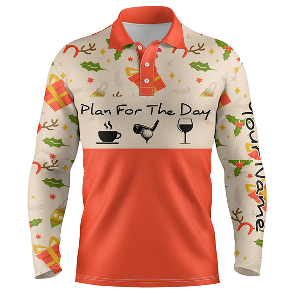 Funny Mens golf polo shirts Christmas pattern custom name plan for the day coffee golf wine NQS4219