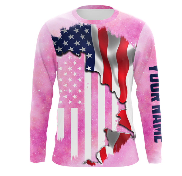 American Flag Universe patriotic Custom name performance shirts UPF 30+, personalized pink galaxy fishing gift for men, women, kid NQS2558