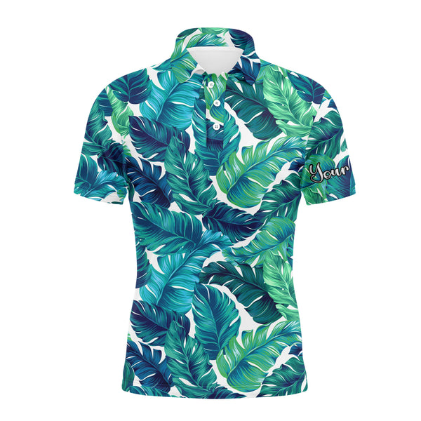 Men golf polo upf shirts turquoise and green tropical leaves custom team golf polo shirts NQS3693