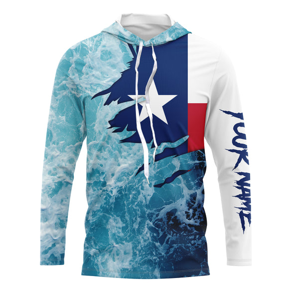 Texas flag fishing Saltwater Long sleeve customized name Fishing Shirts UV Protection, Sea wave camo blue Fishing Shirts NQS2567