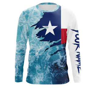 Texas flag fishing Saltwater Long sleeve customized name Fishing Shirts UV Protection, Sea wave camo blue Fishing Shirts NQS2567