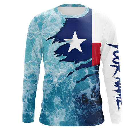 Texas flag fishing Saltwater Long sleeve customized name Fishing Shirts UV Protection, Sea wave camo blue Fishing Shirts NQS2567