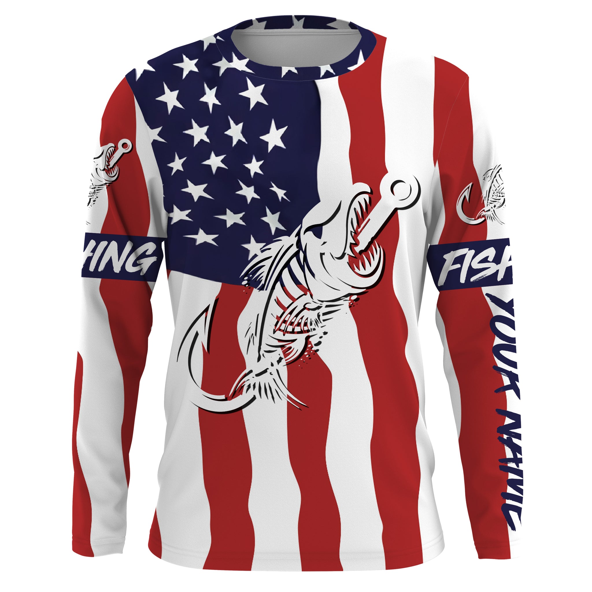 American flag fishing Fish hook skull Custom Name sun protection custom fishing shirts for adult, kid NQS3291