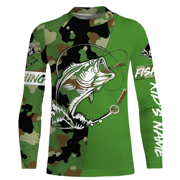 Custom Name bass fishing tattoos Camouflage green camo shirt Performance Fishing Shirt, Bass Fishing Jerseys NQS2570