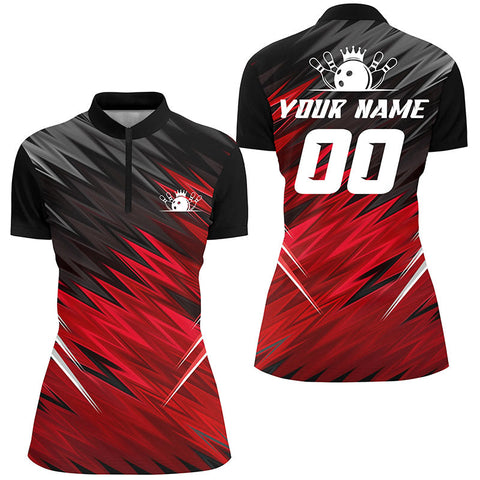 Red and black Womens Quarter Zip shirts custom name bowling shirts for women, team bowling jerseys NQS5137