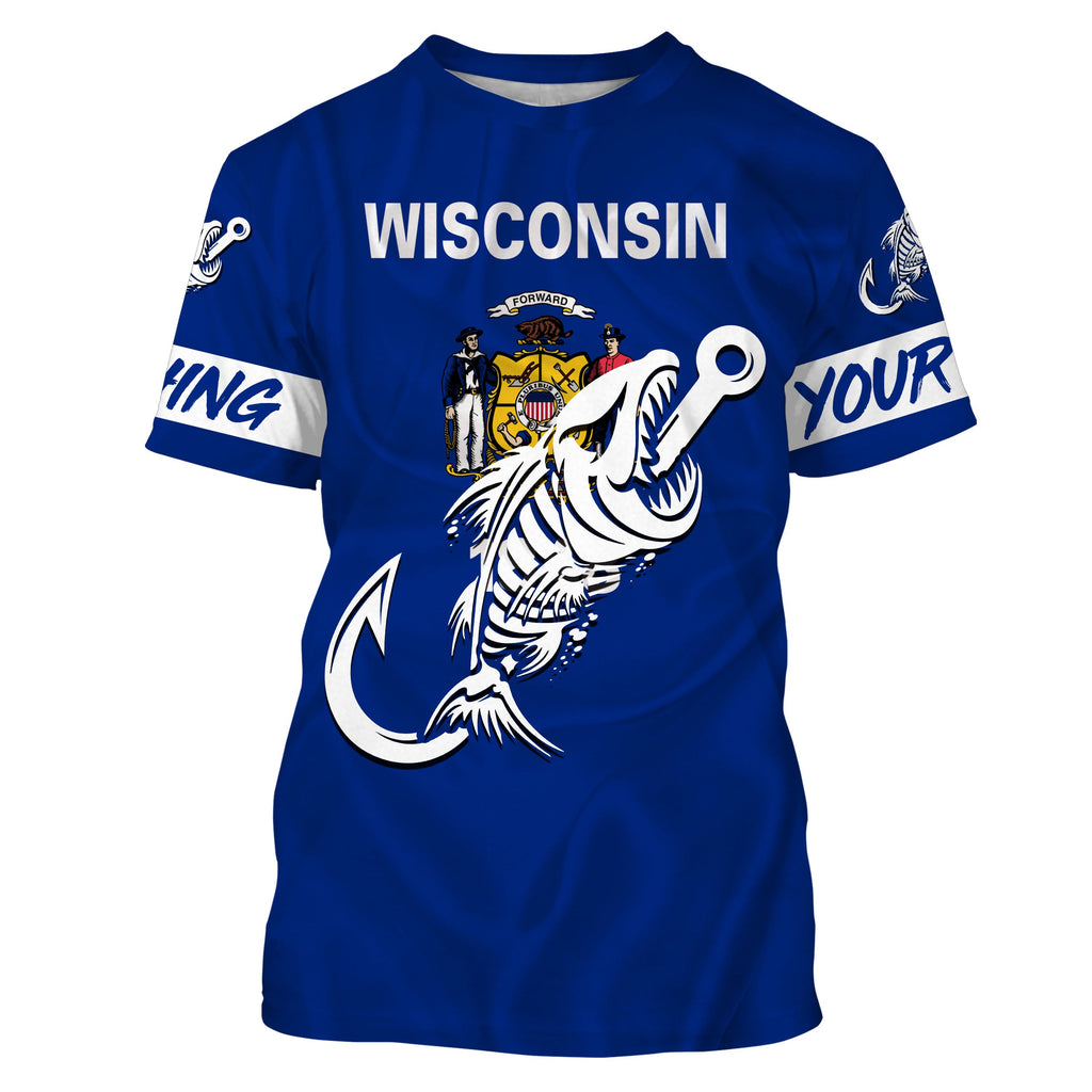 Wi Wisconsin Fishing Flag Fish Hook Skull Custom Sun Protection Fishing Shirts for Men, Women, Kid NQS3410, Kid Long Sleeves UPF / S