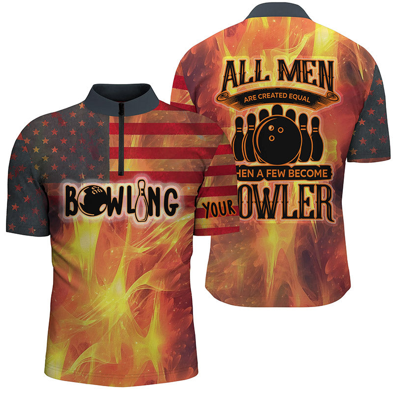 American flag flame bowling Custom Quarter Zip Shirts For Men All men created equal few become bowler NQS5635