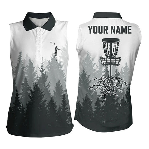 Disc golf hole in the woods Womens sleeveless polo shirt custom name disc golf shirts for women| Black NQS4695