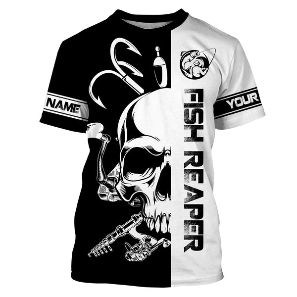 Fish reaper fishing black and white Custom Name 3D UV Protection fishing Shirts, fishing apparel NQS3023