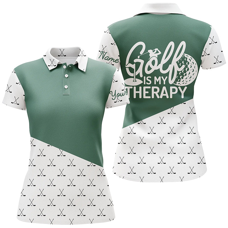 Golf is my therapy Womens golf polos shirts custom name green golf clubs pattern golf shirts for women NQS5155