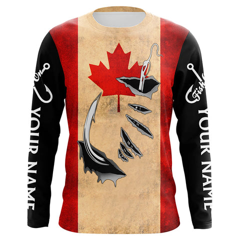 Canadian Fishing 3D Fish Hook patriotic fish on UV protection custom name long sleeve NQS5406