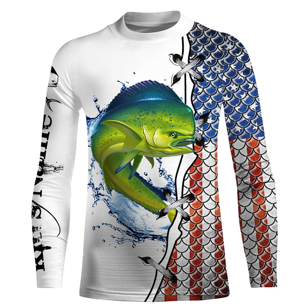 Mahi mahi saltwater fishing American flag patriotic 4thJuly Custom name UV protection UPF30+ performance fishing shirt NQS2593