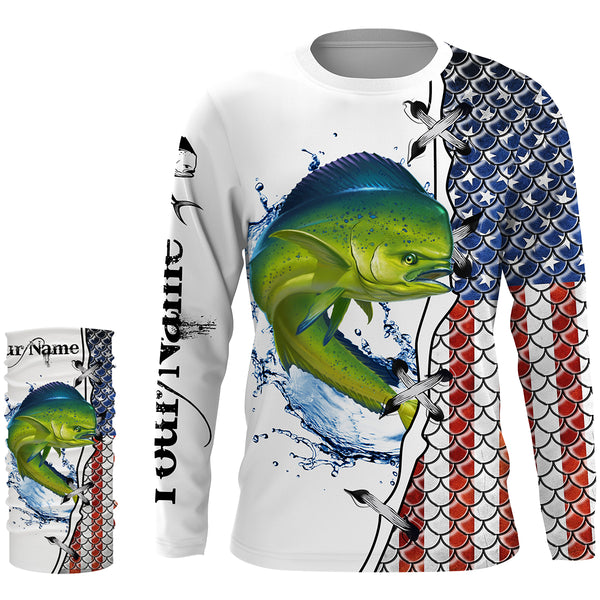 Mahi mahi saltwater fishing American flag patriotic 4thJuly Custom name UV protection UPF30+ performance fishing shirt NQS2593