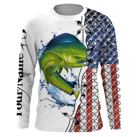Mahi mahi saltwater fishing American flag patriotic 4thJuly Custom name UV protection UPF30+ performance fishing shirt NQS2593