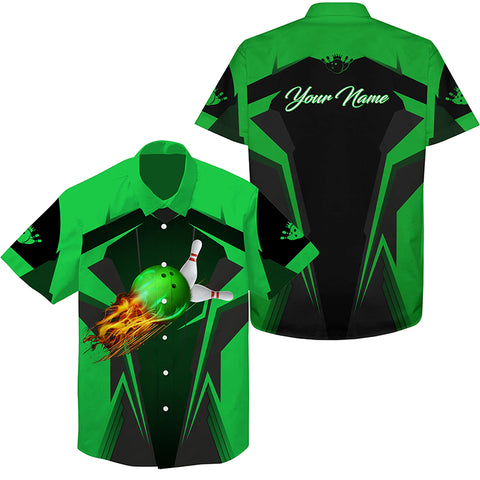 Personalized Hawaiian bowling shirts Flame Bowling Ball and Pins, bowling shirt for men bowlers| Green NQS4503