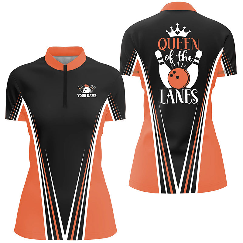 Queen of the lanes Quarter Zip bowling shirts for women, Custom gift for girl bowlers | Orange NQS4648