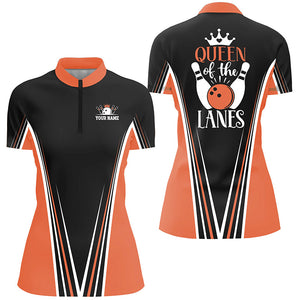 Queen of the lanes Quarter Zip bowling shirts for women, Custom gift for girl bowlers | Orange NQS4648