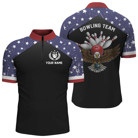 American flag patriot men's bowling Quarter Zip shirts custom team name bowling team shirts jersey NQS4866