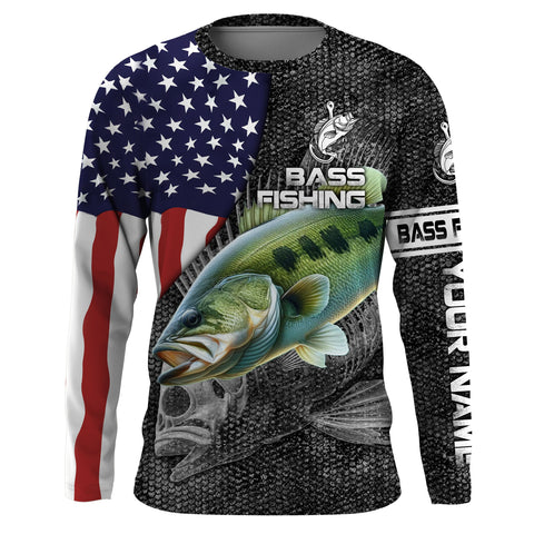 Largemouth Bass fishing American flag custom fishing shirts for men Performance Long Sleeve NQS3708