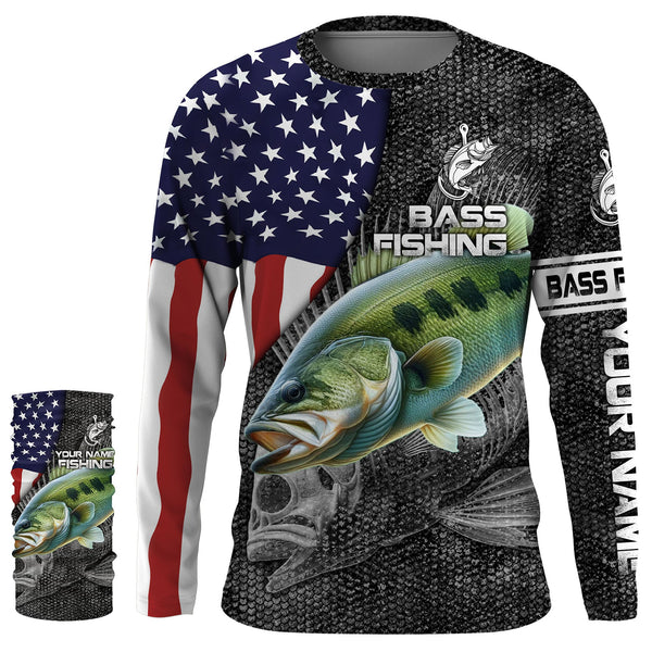 Largemouth Bass fishing American flag custom fishing shirts for men Performance Long Sleeve NQS3708