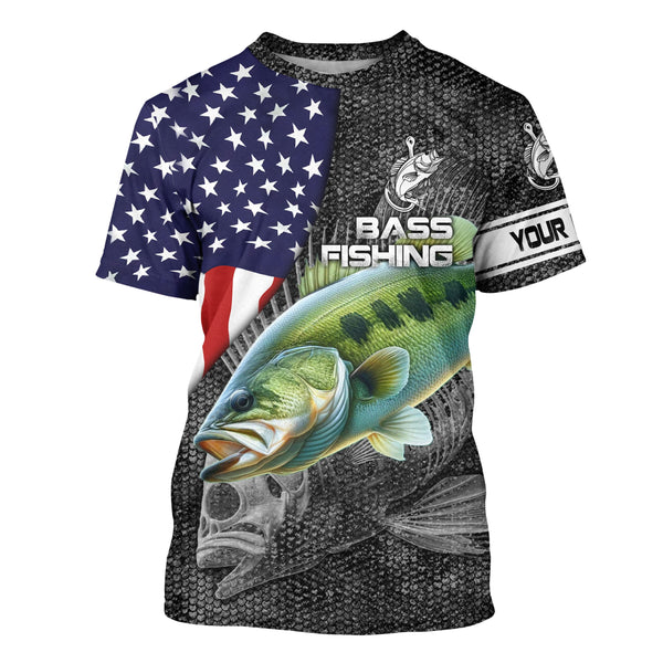 Largemouth Bass fishing American flag custom fishing shirts for men Performance Long Sleeve NQS3708