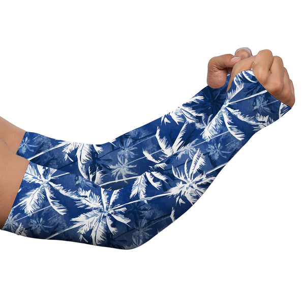 Golf Arm Sleeves Long Fingerless Gloves with tropical background blue watercolor palms pattern NQS3711