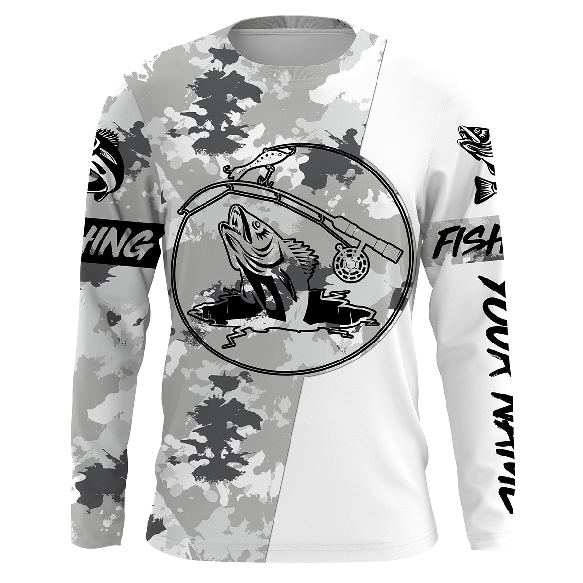 Ice fishing walleye winter camo ice fishing clothing Custom name UV protection performance fishing shirt, gift for fisherman NQS2594
