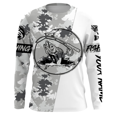 Ice fishing walleye winter camo ice fishing clothing Custom name UV protection performance fishing shirt, gift for fisherman NQS2594