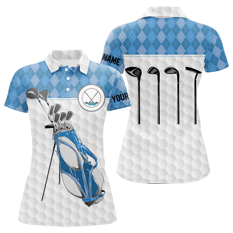 Golf bag clubs custom polo golf shirt for women, blue argyle pattern Womens golf tops NQS4652