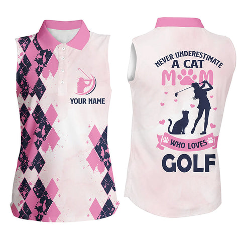 Pink Women's sleeveless polo shirt custom never underestimate a cat mom who loves golf gift for mom NQS5180