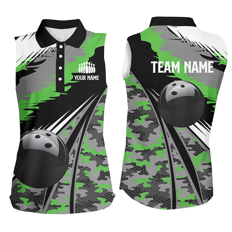 Women bowling sleeveless polo shirts Custom black ball green camo Bowling Team Jersey, gift for Bowler NQS5422