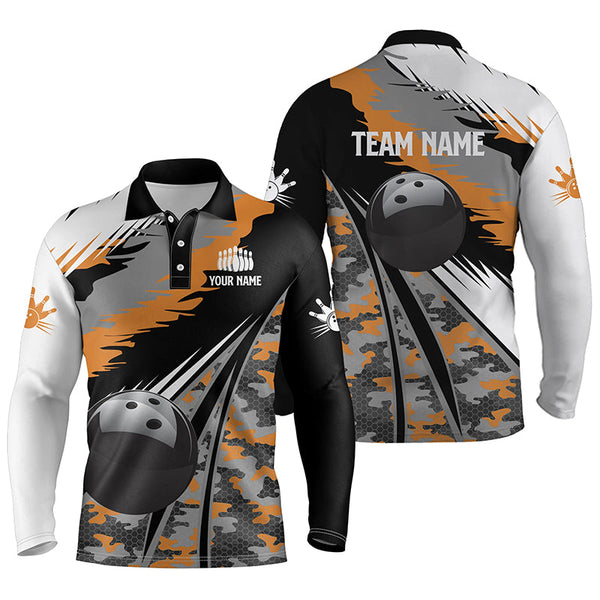 Mens polo bowling shirts Custom black ball orange camo Bowling Team Jersey, gift for Bowlers NQS5423