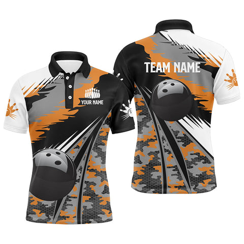 Mens polo bowling shirts Custom black ball orange camo Bowling Team Jersey, gift for Bowlers NQS5423