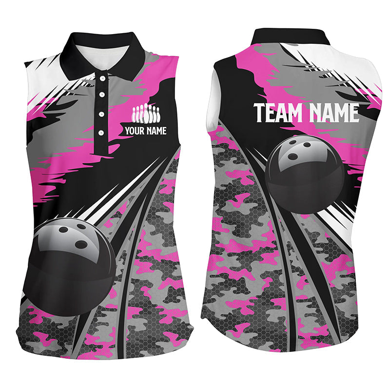 Women bowling sleeveless polo shirt Custom black ball pink camo Bowling Team Jersey, gift for Bowler NQS5424