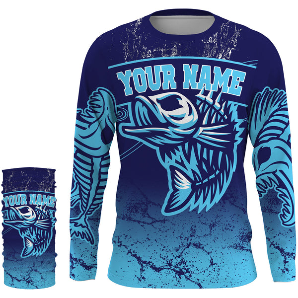 Fish reaper skull fishing tattoo jerseys, Fish skeleton Long Sleeve Fishing tournament shirts | Blue NQS3720