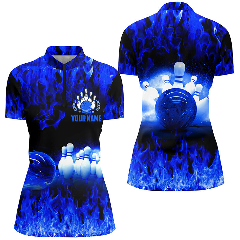 Blue flame Womens Quarter Zip shirts, Personalized Bowling Team Bowlers Jersey, bowling team uniforms NQS5199