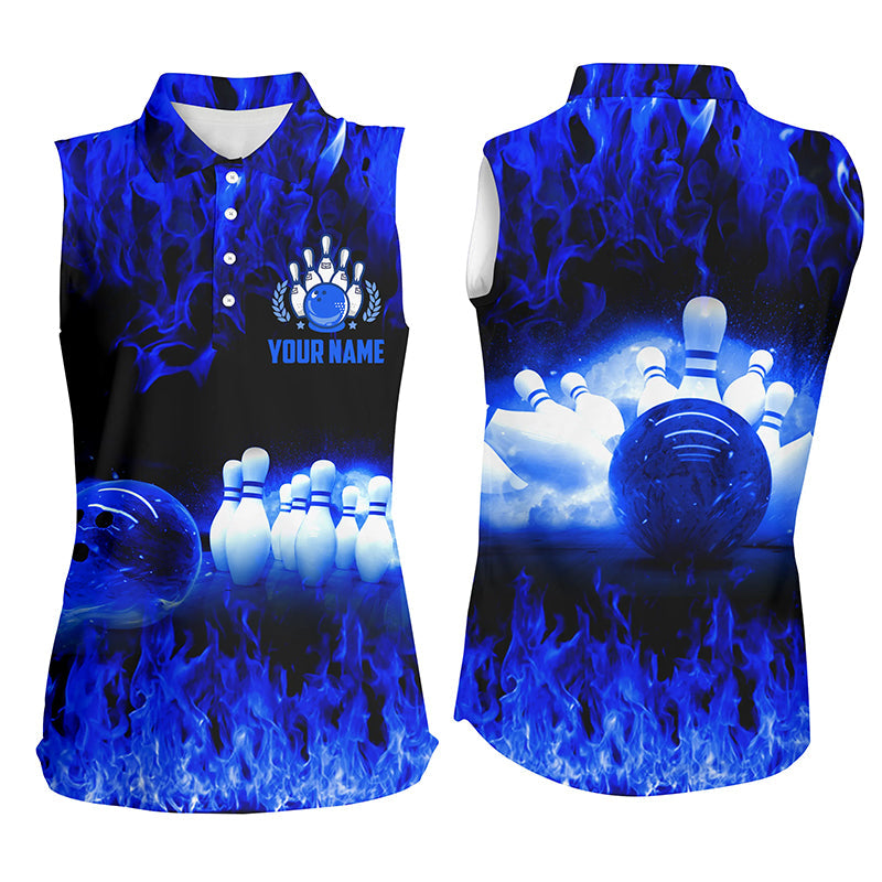 Blue flame Women bowling sleeveless polo shirts, Personalized Team bowling female bowling uniform NQS5199