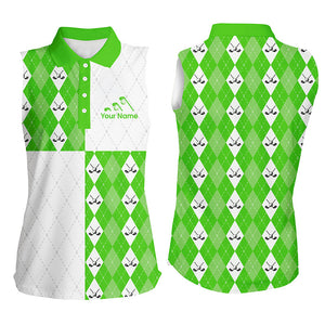 Golf addicted Womens sleeveless polo shirt custom green and white golf ball clubs argyle plaid pattern NQS5438