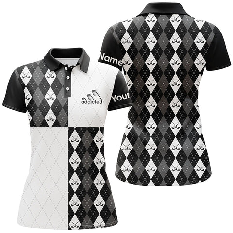 Golf addicted Womens golf polo shirts custom name black and white golf ball clubs argyle plaid pattern NQS5439