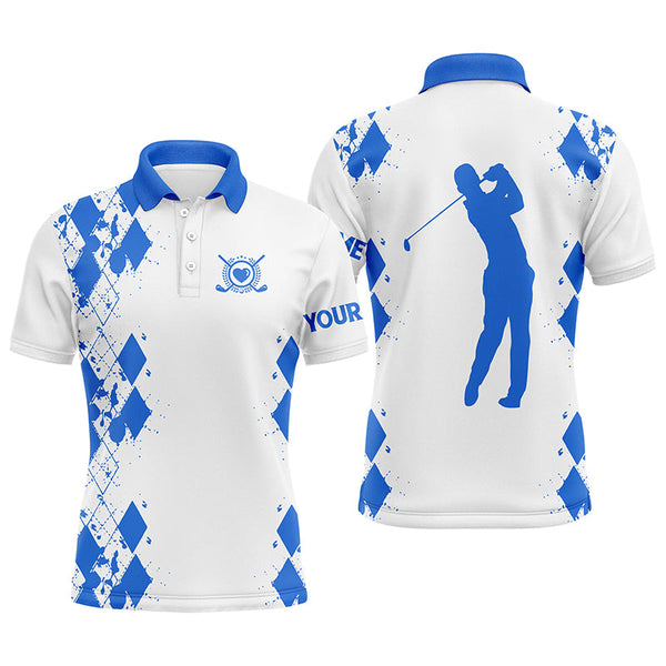 Mens golf polos shirts custom name white golf shirt, golfing gifts | Blue NQS4507