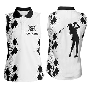 Womens sleeveless polo shirt custom name white golf shirt, golfing gifts | Black NQS4508