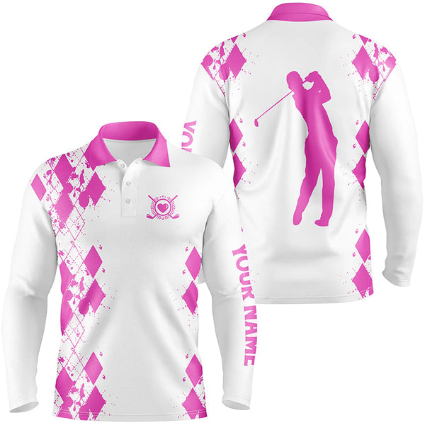 Mens golf polos shirts custom name white golf shirt, golfing gifts | Pink NQS4509