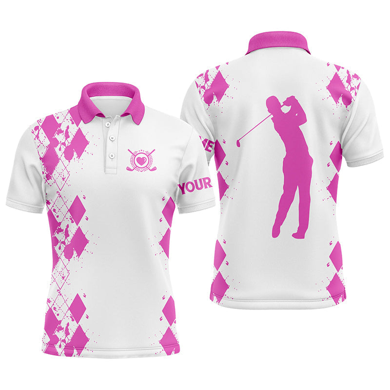 Mens golf polos shirts custom name white golf shirt, golfing gifts | Pink NQS4509